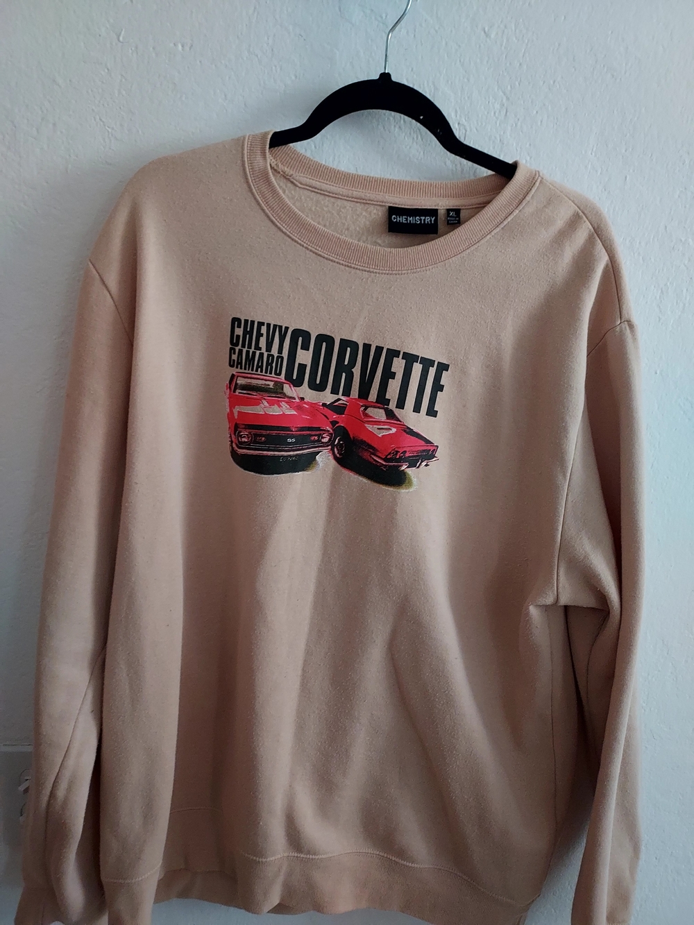 Chemistry Beige Crewneck Sweatshirt with Red Car Graphic